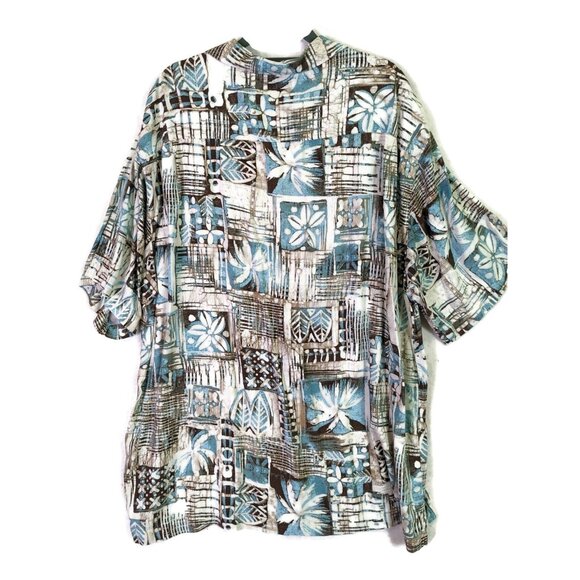 Caribbean Mens size XL Shirt Short Sleeve Aqua Brown Floral Tropical Button Up - Picture 2 of 13